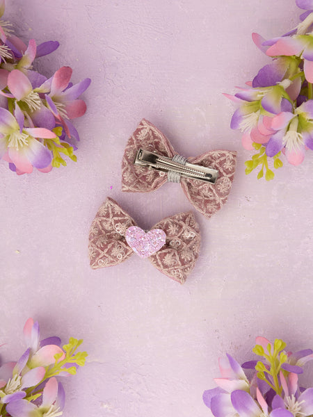 Heart Appliqued Bow Alligator Clips - Dusty Pink