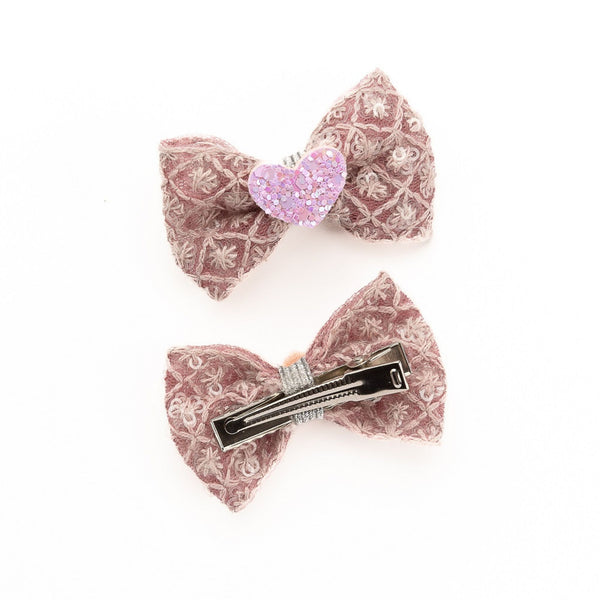 Heart Appliqued Bow Alligator Clips - Dusty Pink