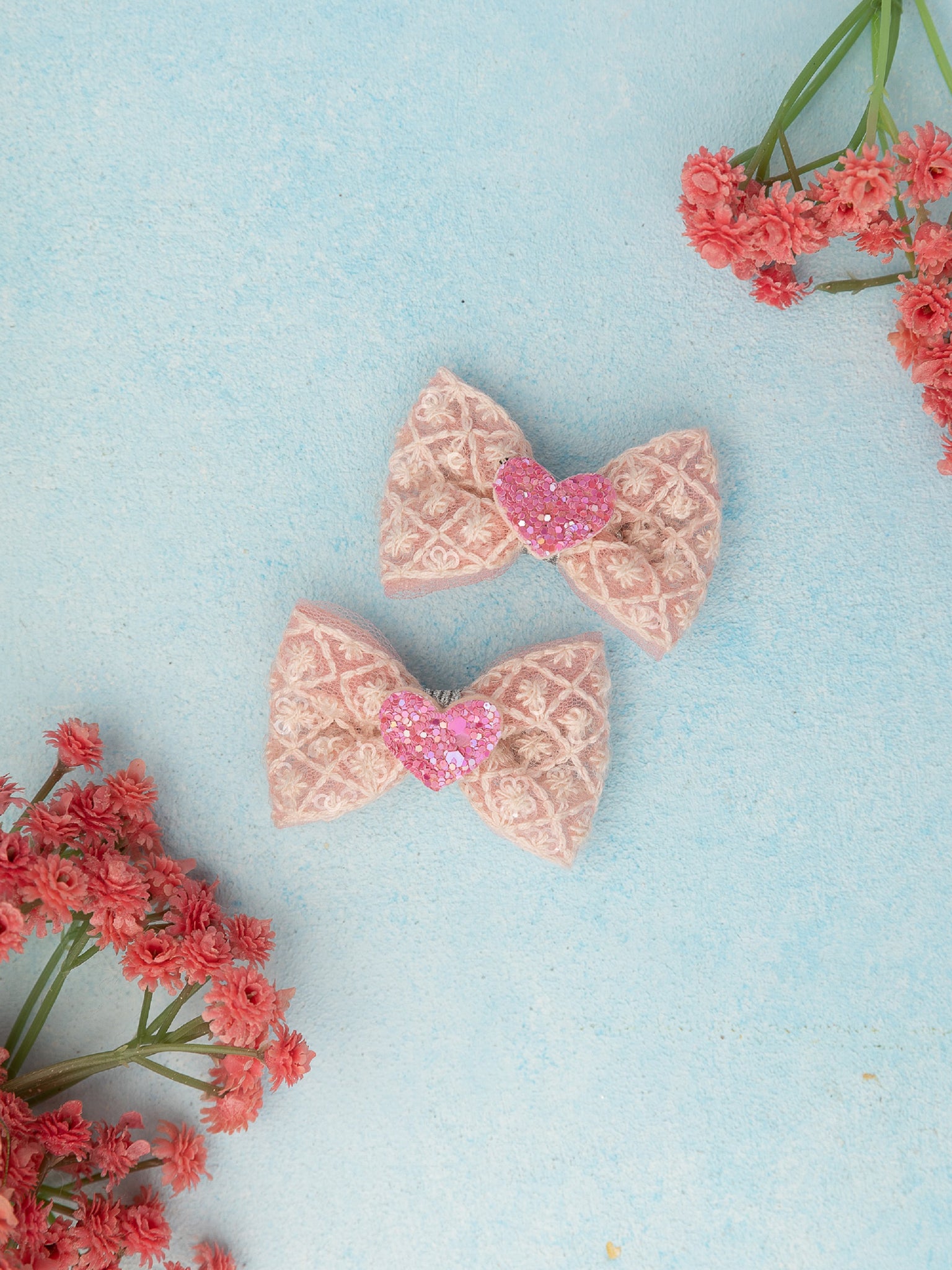 Heart Appliqued Bow Alligator Clips- Light Pink