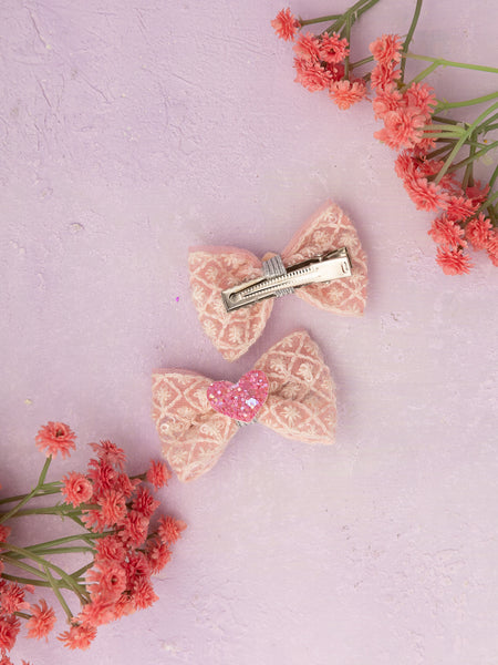 Heart Appliqued Bow Alligator Clips- Light Pink