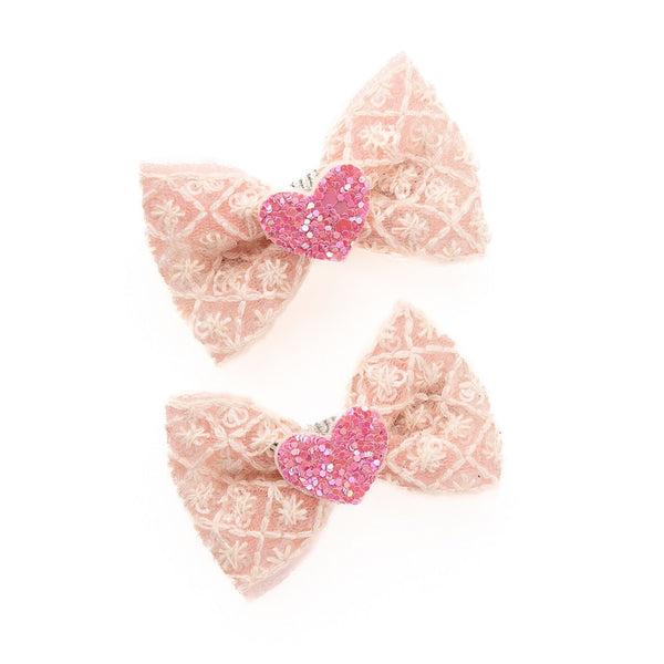 Heart Appliqued Bow Alligator Clips- Light Pink