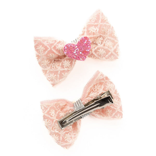 Heart Appliqued Bow Alligator Clips- Light Pink