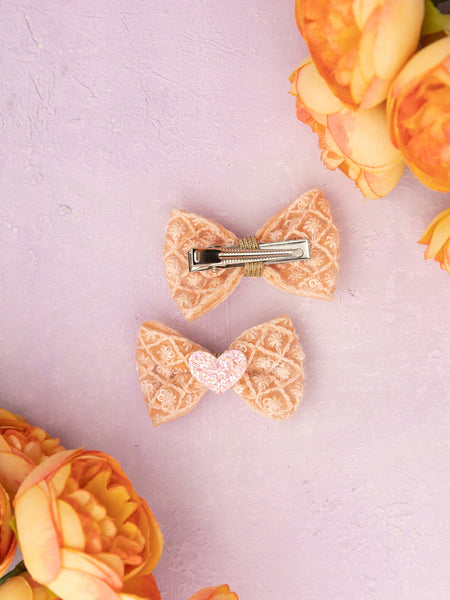 Heart Appliqued Bow Alligator Clips- Peach