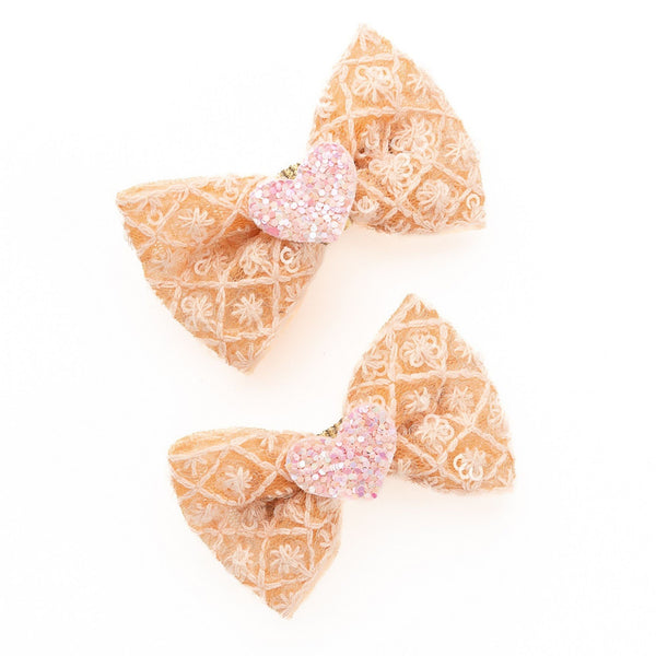 Heart Appliqued Bow Alligator Clips- Peach