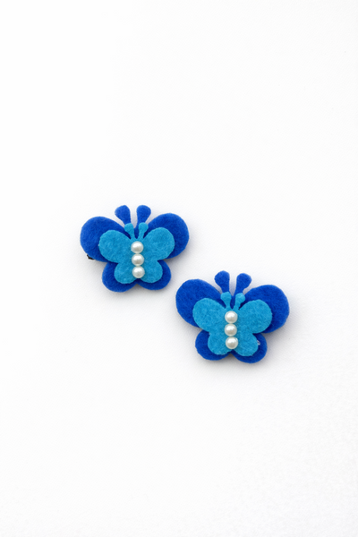 Set Of 2 Butterfly and Pearl Alligator Clip- Blue