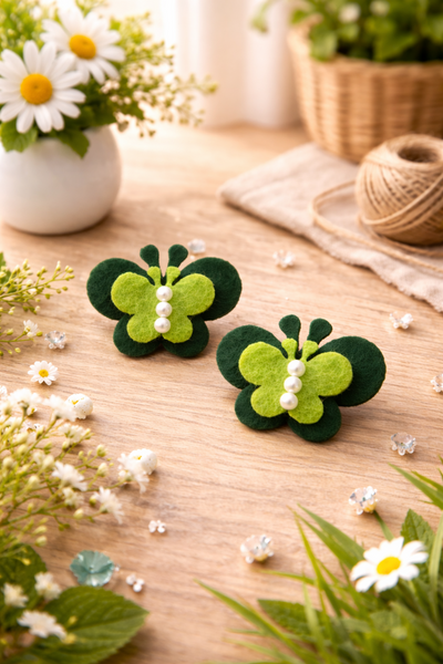 Set Of 2 Butterfly and Pearl Alligator Clip- Green