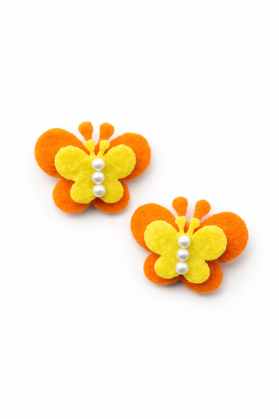 Set Of 2 Butterfly and Pearl Alligator Clip- Orange