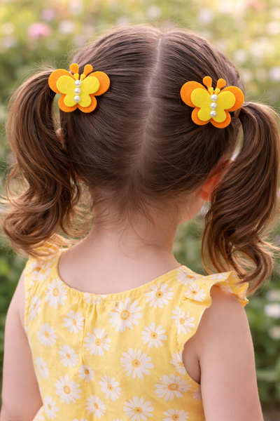 Set Of 2 Butterfly and Pearl Alligator Clip- Orange