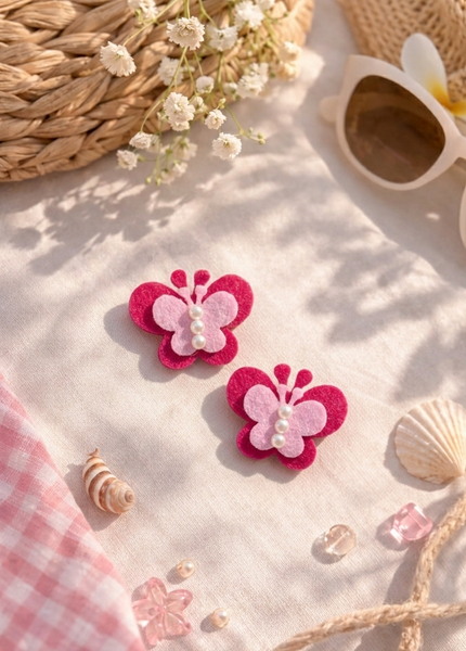 Set Of 2 Butterfly and Pearl Alligator Clip- Pink