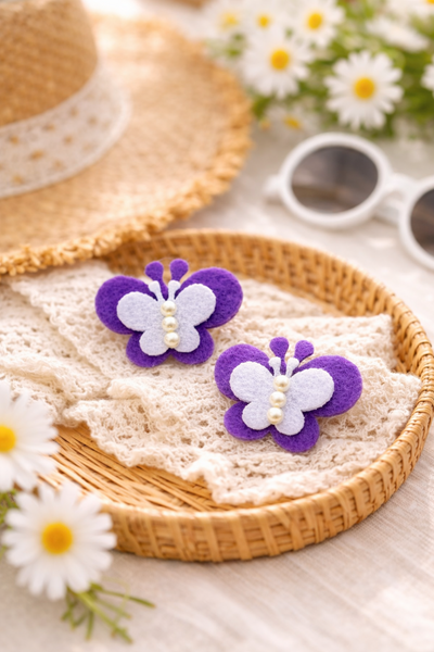 Set Of 2 Butterfly and Pearl Alligator Clip- Purple