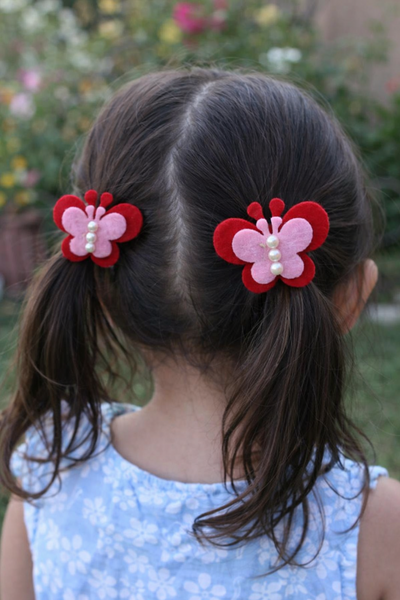 Set Of 2 Butterfly and Pearl Alligator Clip- Red