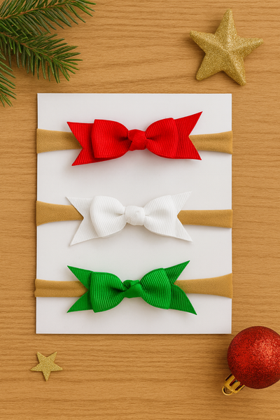 Set of 3 Ribbon Christmas Bows Trio Headbands- Red, White, Green