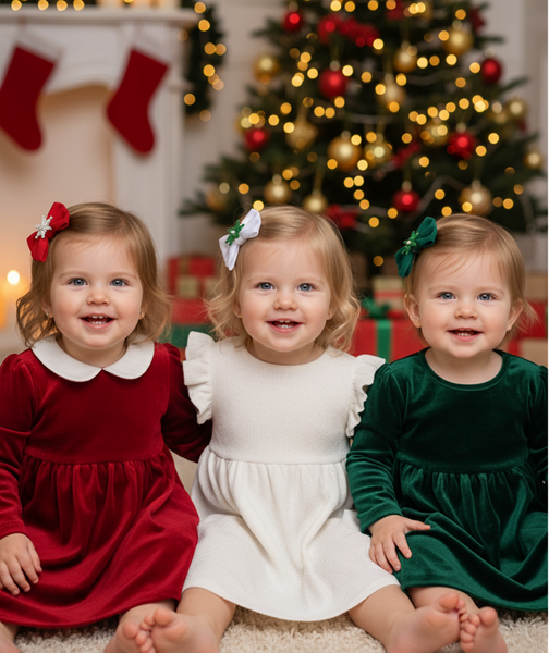 Set of 3 Snowflake Christmas Bows Alligator Clip- Red, White, Green