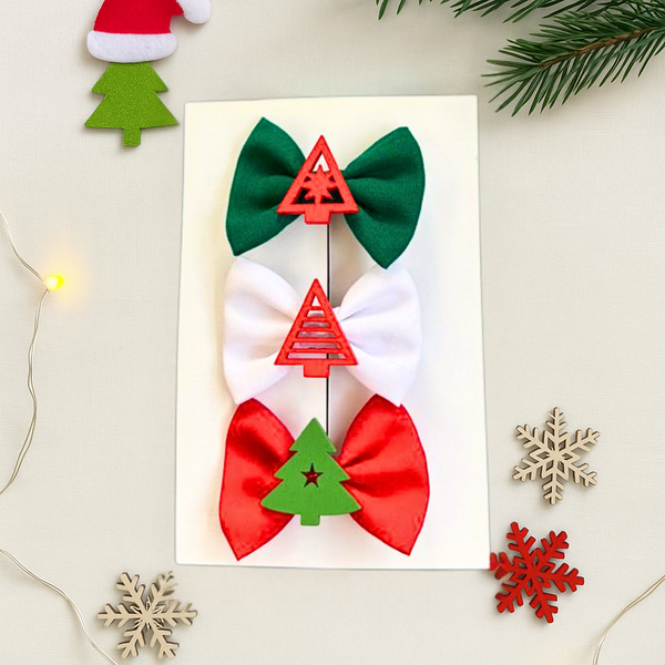 Set of 3 Christmas Tree Bows Alligator Clip- Red, White, Green