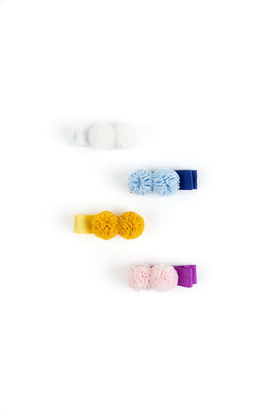 Mini Pom Pom Alligator Hair Clips- Pink, Mustard, Light Blue & White