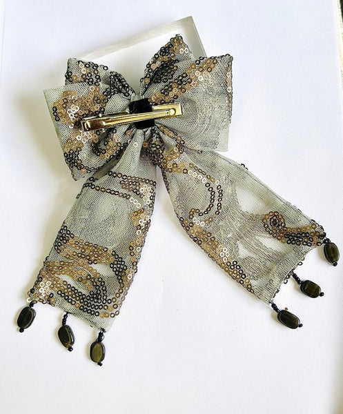 Party Wear Designer Pearl Bow Alligator clip- Grey