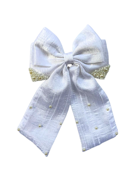 Valentine Pearl Embellished Sailor Bow Alligator Clip- White