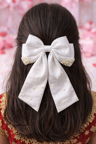 Valentine Pearl Embellished Sailor Bow Alligator Clip- White