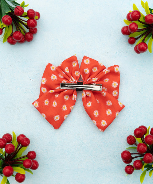 Daisy Printed Multi-layered Bow Alligator Hair Clip- Red