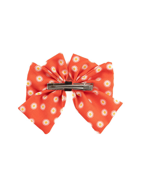 Daisy Printed Multi-layered Bow Alligator Hair Clip- Red