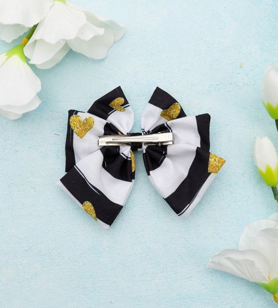 Heart Printed Multi-layered Bow Alligator Hair Clip- Black & White