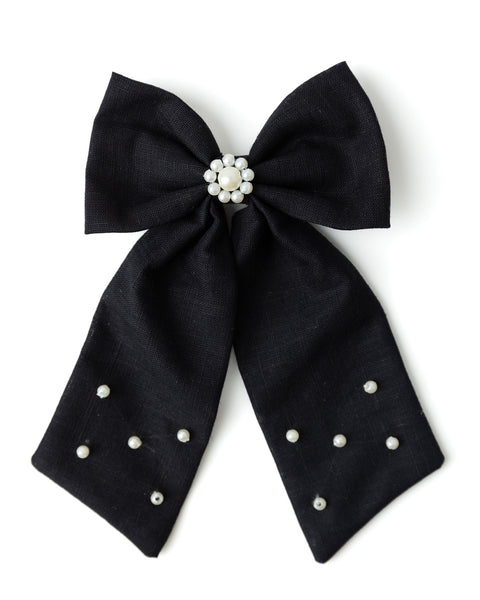 Pearl Embellished Sailor Bow Alligator Hair Clip - Black