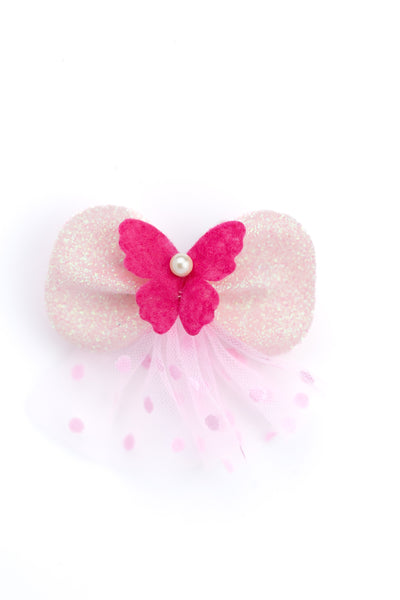 Knotted Butterfly Embellished Kids Tulle Alligator Hair Clip- Light Pink