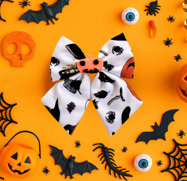 Halloween Alligator Clip Pumpkin Bow- White