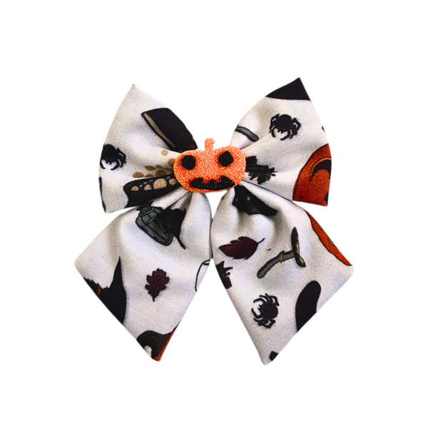 Halloween Alligator Clip Pumpkin Bow- White