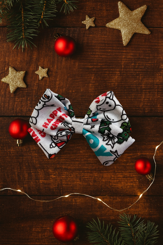 Colorful Printed Christmas Bow Alligator Clip- White