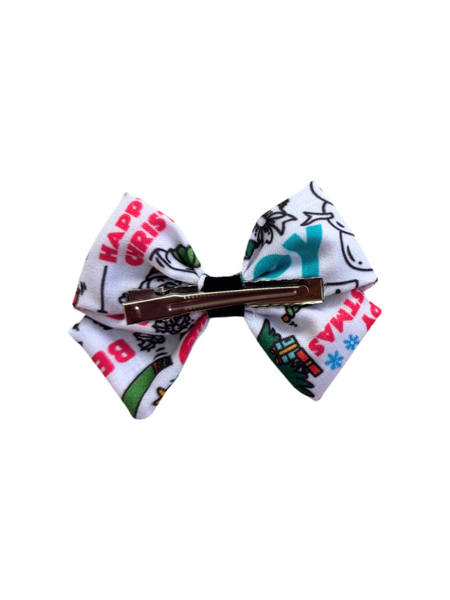 Colorful Printed Christmas Bow Alligator Clip- White