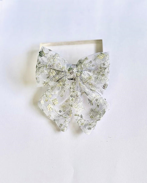 Party Wear Sequin Bow Alligator clip- White