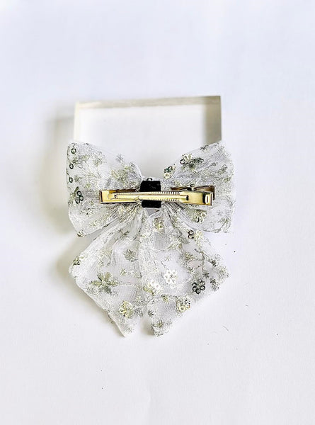 Party Wear Sequin Bow Alligator clip- White