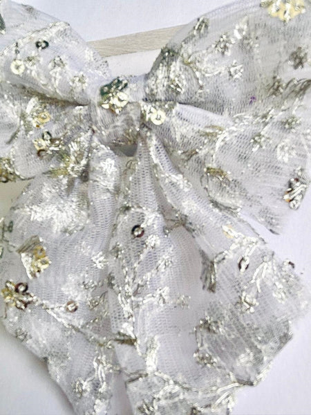 Party Wear Sequin Bow Alligator clip- White