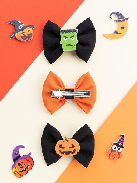 Halloween Themed Bow Applique Detailed Alligator Hair Clip Set - Black & Orange