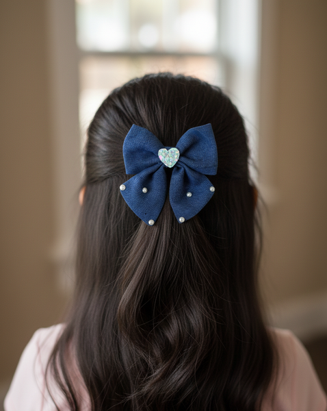Heart and Pearl Embellished Bow Alligator Clip- Blue