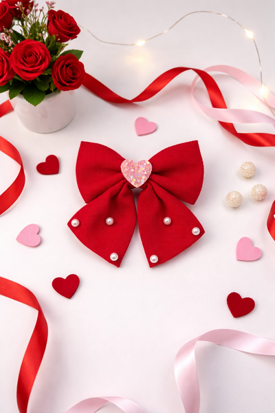 Heart and Pearl Embellished Bow Alligator Clip- Red
