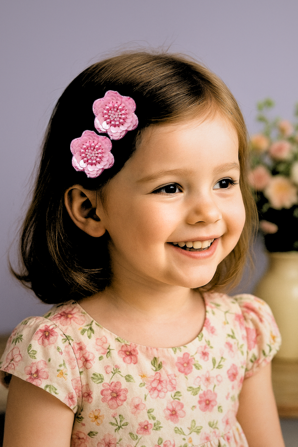 Set of 2 Beaded Floral Lace Hair Clips - Pink