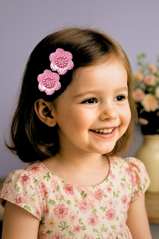 Set of 2 Beaded Floral Lace Hair Clips - Pink