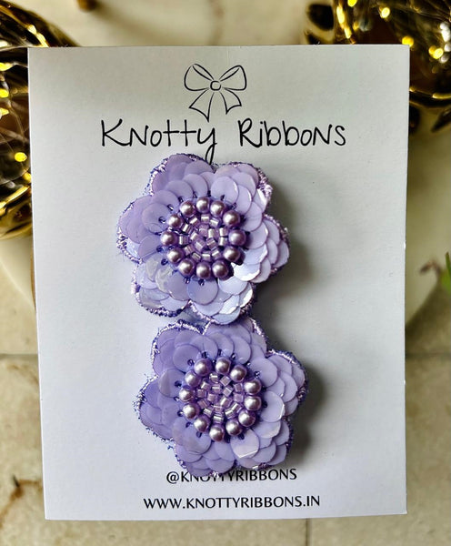 Set of 2 Beaded Floral Lace Hair Clips - Lavender