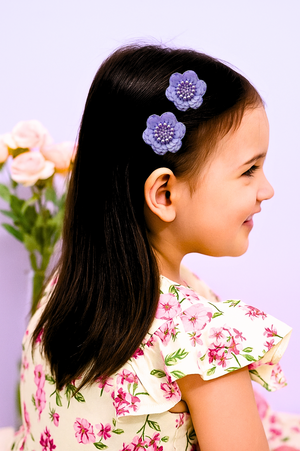 Set of 2 Beaded Floral Lace Hair Clips - Lavender