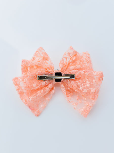 Bloom Lace Alligator Clip Hair Bow with Embellished Center- Peach
