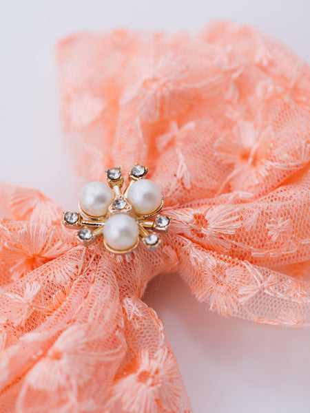 Bloom Lace Alligator Clip Hair Bow with Embellished Center- Peach