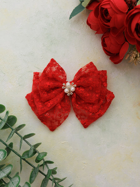 Bloom Lace Alligator Clip Hair Bow with Embellished Center- Red