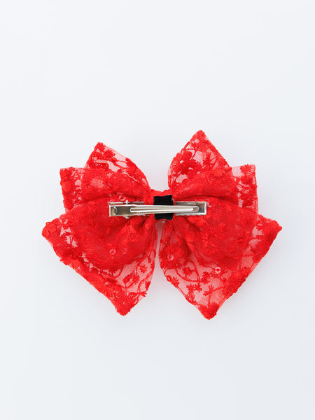 Bloom Lace Alligator Clip Hair Bow with Embellished Center- Red