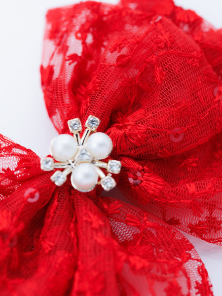 Bloom Lace Alligator Clip Hair Bow with Embellished Center- Red