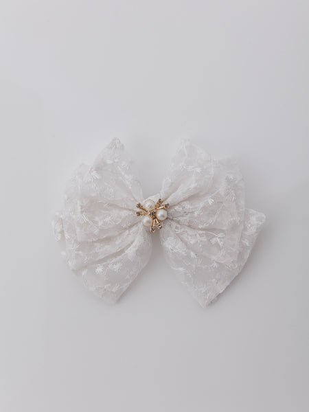 Bloom Lace Alligator Clip Hair Bow with Embellished Center- White