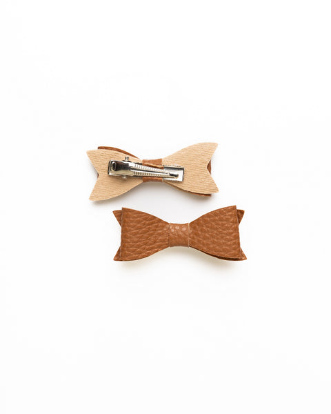 Petite Faux Leather Mini Bow Hair Clip- Walnut Brown