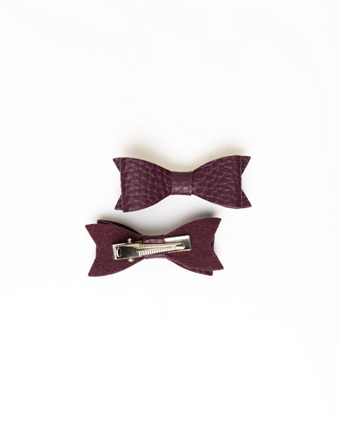 Petite Faux Leather Mini Bow Hair Clip- Wine Red