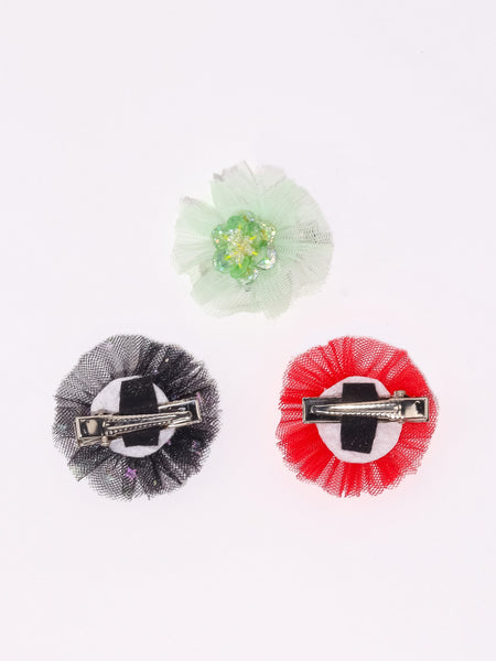 Flower Embellished Alligator Hair Clip Set- Red Black & Light Green